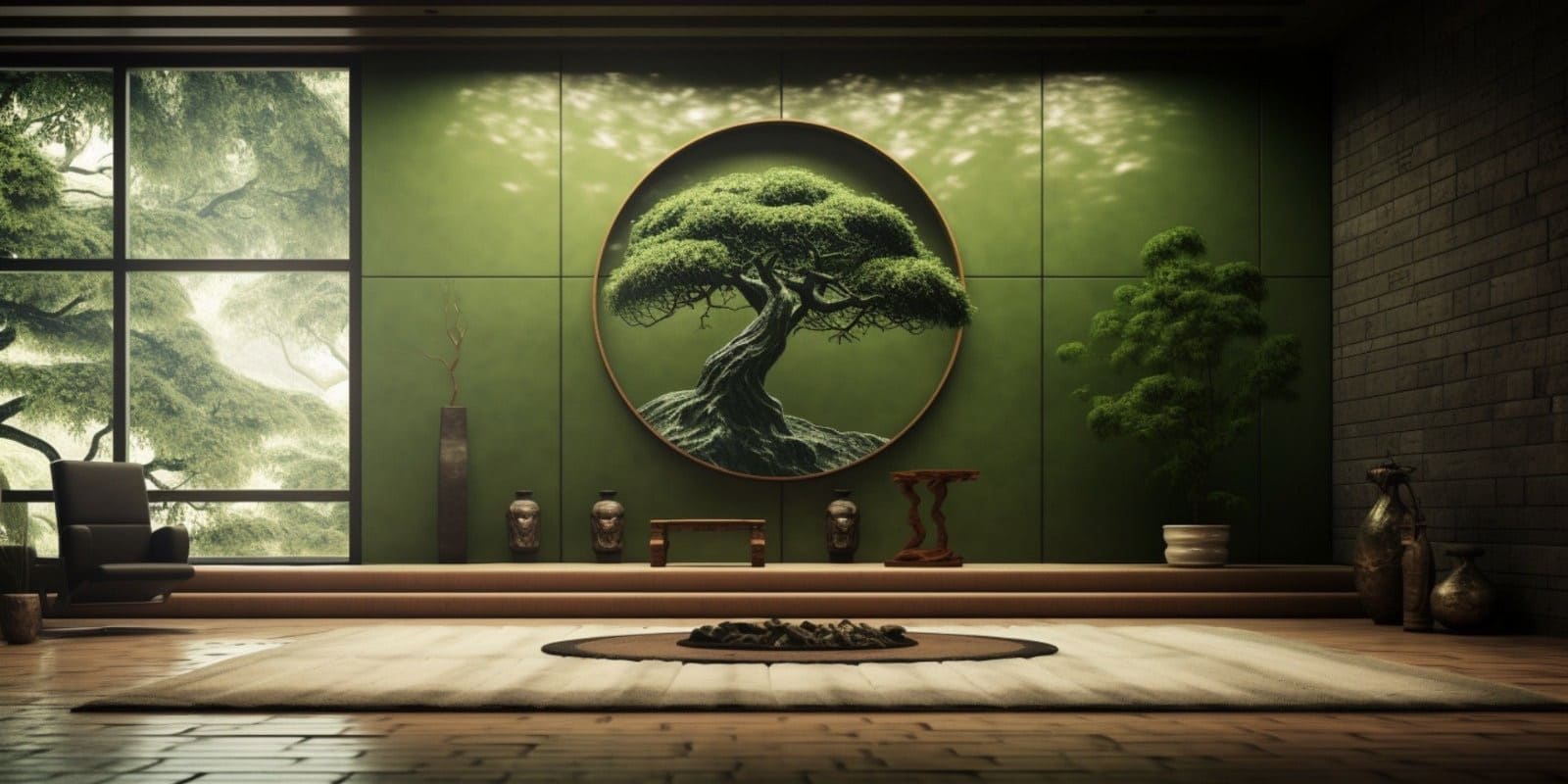 intérieur de maison style japonais avec un tapis de méditation, les murs sont verts avec un cadre arbre de vie