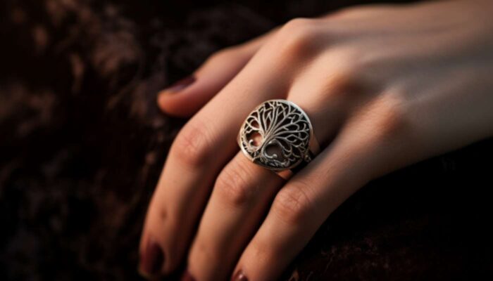 main de femme qui porte une bague en argent en forme d'arbre de vie