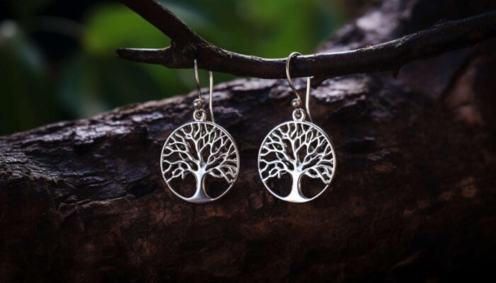 boucles d'oreilles arbre de vie en argent accrocher sur une branche d'arbre