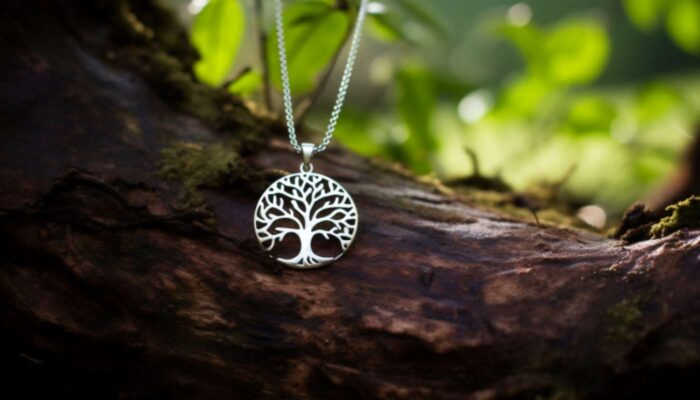 collier en argent avec symbole arbre de vie posé sur un arbre dans la nature