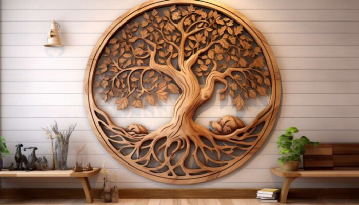 décoration mural en bois avec symbole arbre de vie