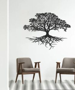 stcikers arbre de vie sur mur blanc avec deux chaises design