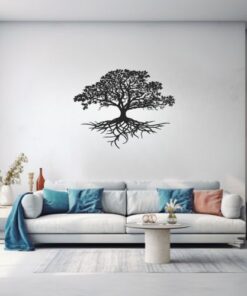 salon design avec stickers arbre de vie sur mur blanc