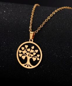 collier arbre de vie avec des feuilles en forme de coeur plaqué or