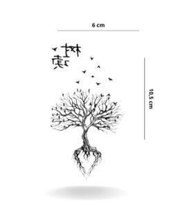 dimensions tatouage temporaire arbre de vie avec oiseaux qui s'envolent et symboles chinois