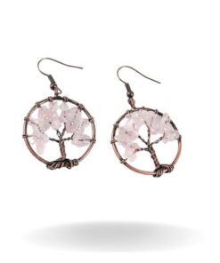 boucles d'oreilles arbre de vie en cuivre avec pierres quartz rose