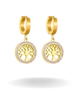 boucles d'oreilles arbre de vie plaqué en or avec des pierres de zirconium