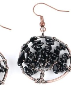 boucles d'oreilles arbre de vie noir en pierre naturelle obsidienne