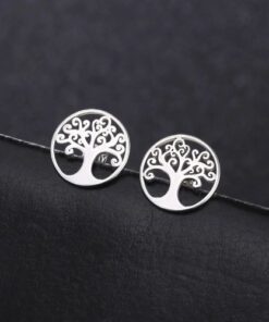 boucle d'oreilles arbre de vie en acier inoxydable plaqué argent