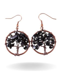 boucles d'oreilles arbre de vie noir en pierre naturelle obsidienne