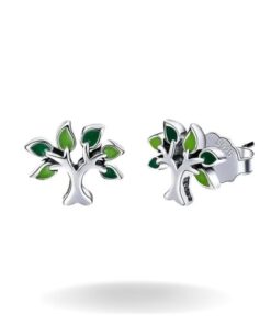 boucles d'oreilles arbre de vie en argent avec des touches de verts