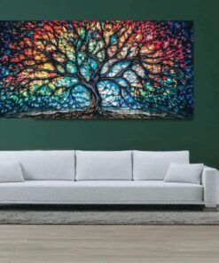 tableau arbre de vie coloré et abstrait dans un salon avec un canapé blanc, un mur vert et un tapis gris