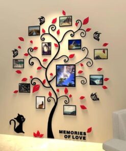 sticker arbre de vie pour photo de famille sur un mur avec feuilles rouges