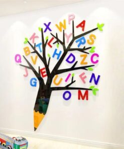 sticker arbre de vie noir pour enfant avec des lettres alphabets de couleurs