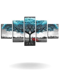 tableau arbre de vie bleu en 5 panneaux