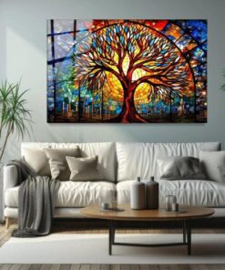 tableau arbre de vie coloré style contemporain et abstrait multicolore dans un salon avec canapé et table de basse en bois