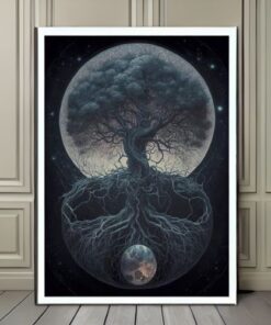 tableau arbre de vie avec fond noir dans le ciel avec la lune dans les racines de l'arbre posé sur un parquet en bois clair et devant un mur crème