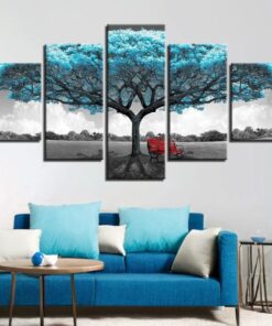 tableau arbre de vie bleu en 5 panneaux avec canapé bleu